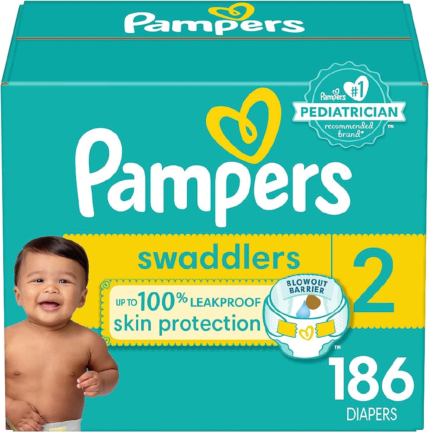 Diapers Size 2, 186 Count -  Swaddlers Disposable Baby Diapers (Packaging & Prints May Vary)