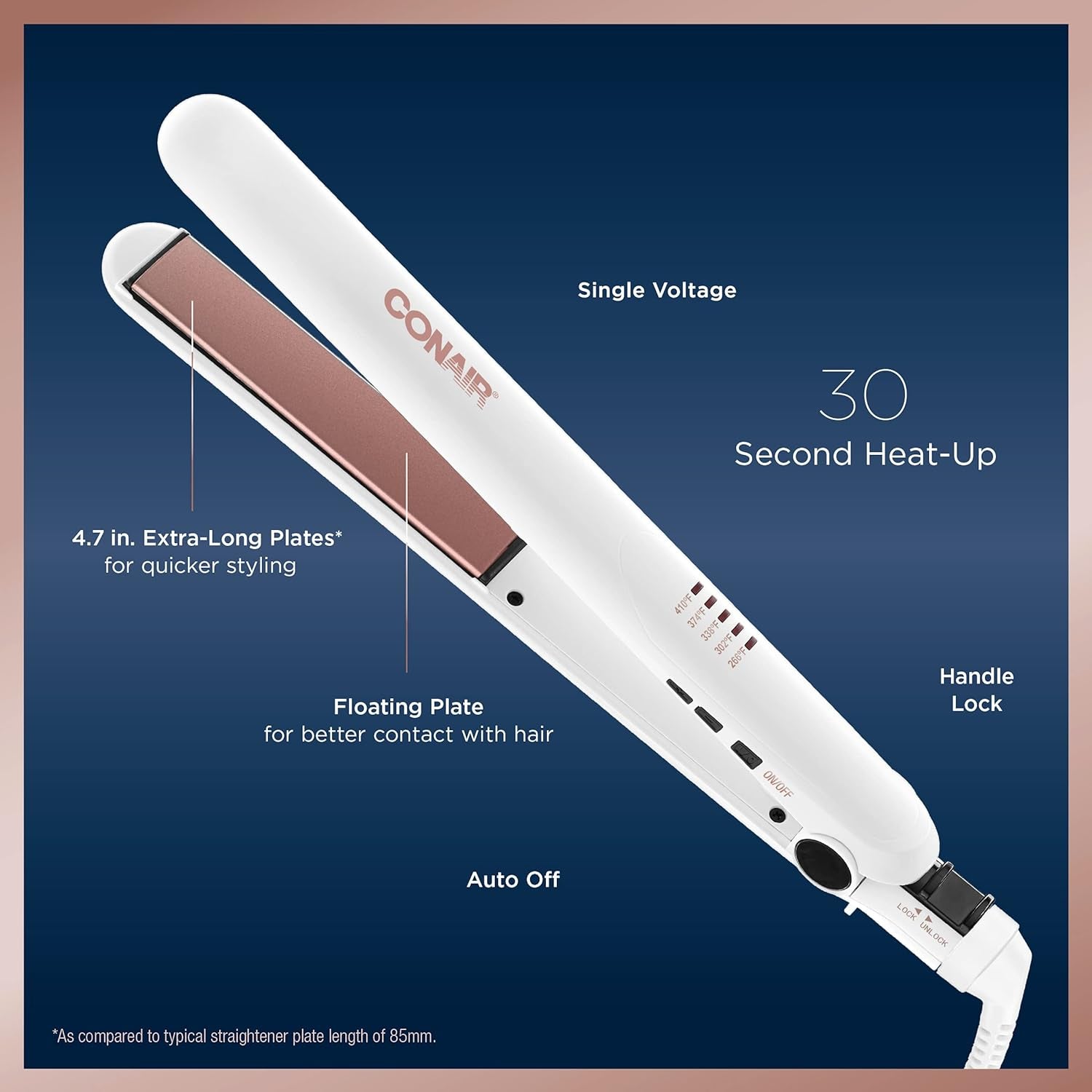 Double Ceramic Flat Iron, 1 Inch, White/Rose Gold