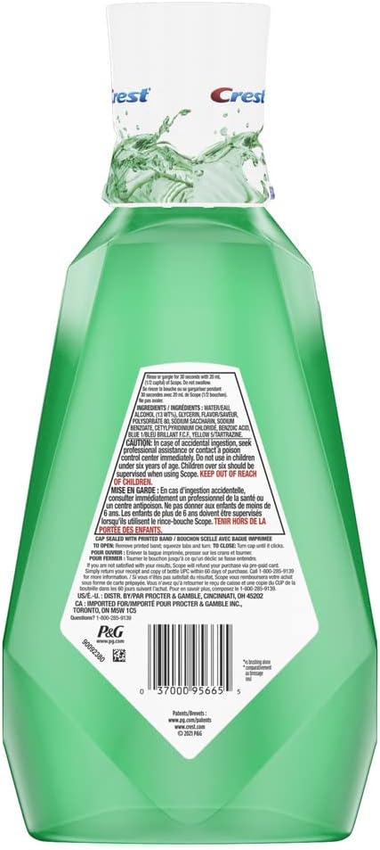 Crest Scope Outlast Mouthwash for Long-Lasting Fresh Breath, Fresh Mint (1L).