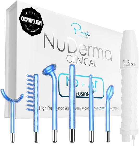 Nuderma Clinical Skin Therapy Wand - Portable High Frequency Skin Therapy Machine W 6 Fusion Neon + Argon Wands – anti Aging - Clarifying - Skin Tightening & Radiance - Wrinkle Reducing