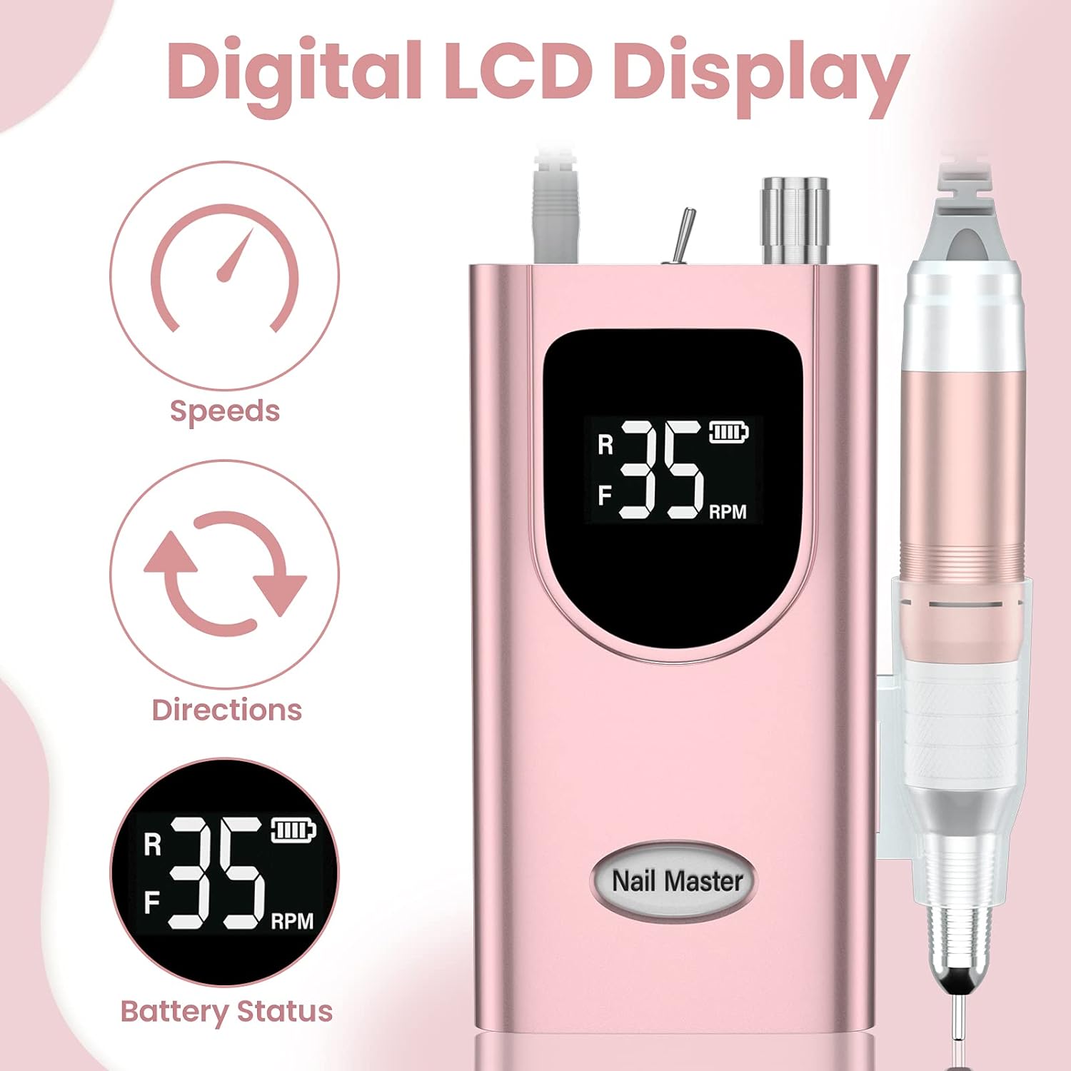 Delanie Professional Nail Drill for Acrylic Nails, High Torque 35,000 RPM Rechargeable Electric Nail File for Acrylic Nails, 2,000Mah, LCD Display, High Speed, Low Heat, Low Vibration Rose Gold