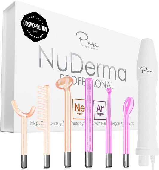 Pure Daily Care Professional Skin Therapy Wand - Nuderma - Portable Handheld High Frequency Skin Therapy Machine with 6 Neon & Argon Wands - Acne Treatment - Skin Tightening