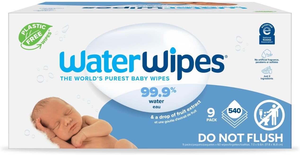 WaterWipes Plastic-Free Original Baby Wipes, 99.9% Water Based Wipes, Unscented & Hypoallergenic for Sensitive Skin, 540 Count (9 Packs), Packaging May Vary