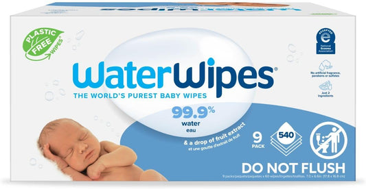 WaterWipes Plastic-Free Original Baby Wipes, 99.9% Water Based Wipes, Unscented & Hypoallergenic for Sensitive Skin, 540 Count (9 Packs), Packaging May Vary