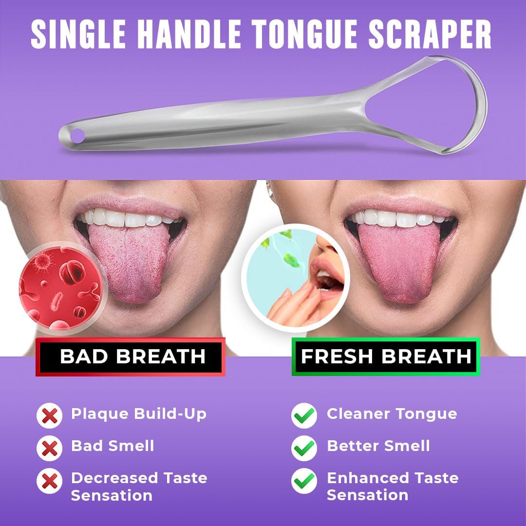 Tongue Scraper Reduce Bad Breath, Stainless Steel Tongue Cleaners, 100% BPA Free Metal Tongue Scrapers Fresher Breath in Seconds