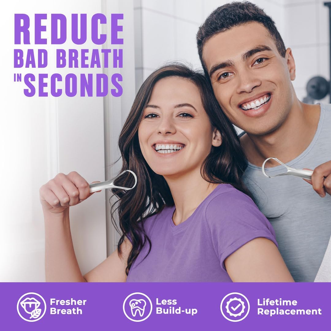 Tongue Scraper Reduce Bad Breath, Stainless Steel Tongue Cleaners, 100% BPA Free Metal Tongue Scrapers Fresher Breath in Seconds