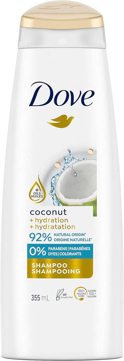 Dove Coconut + Hydration Shampoo Nourishes and Hydrates Dry Hair Made with 92% Natural Origin Ingredients (355 ml).