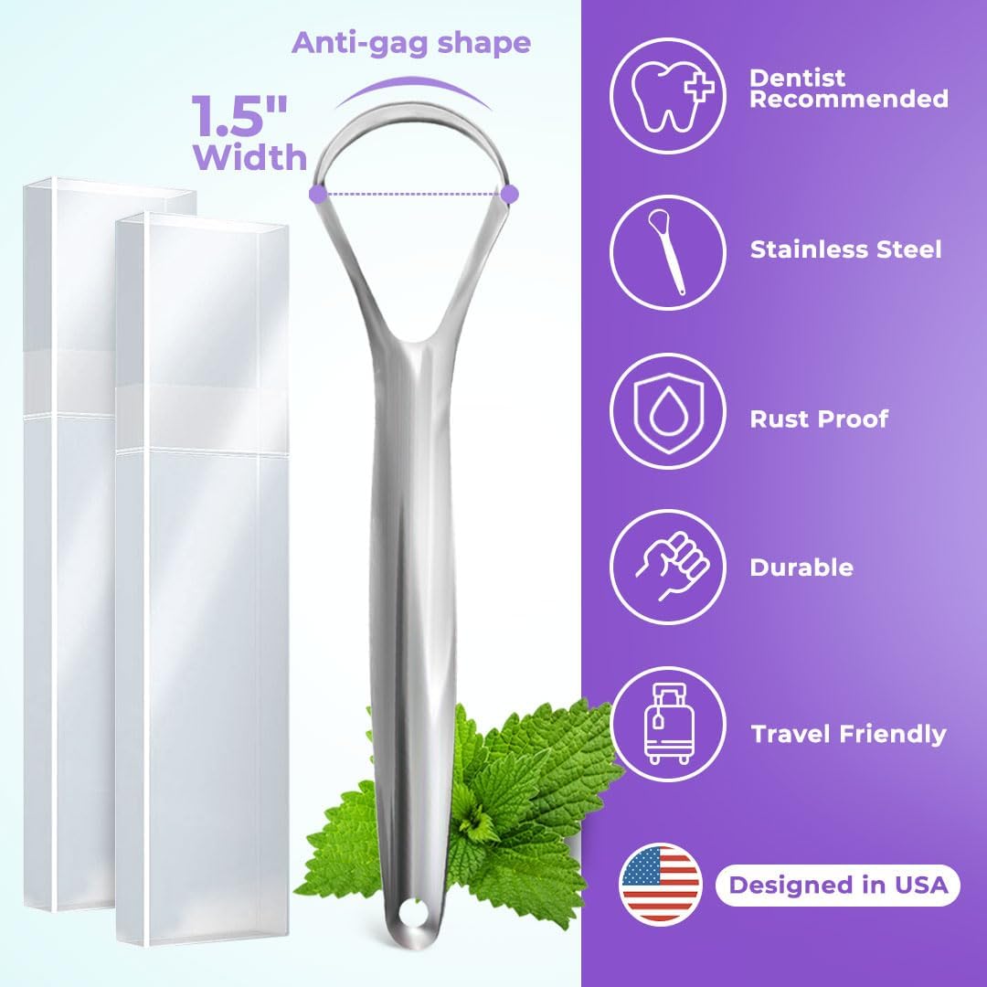 Tongue Scraper Reduce Bad Breath, Stainless Steel Tongue Cleaners, 100% BPA Free Metal Tongue Scrapers Fresher Breath in Seconds