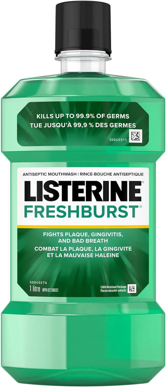 Listerine Fresh Burst Antiseptic Mouthwash, Essential Oils Menthol, Thymol, Eucalpytol, Plaque, Bad Breath, Gingivitis, 1L