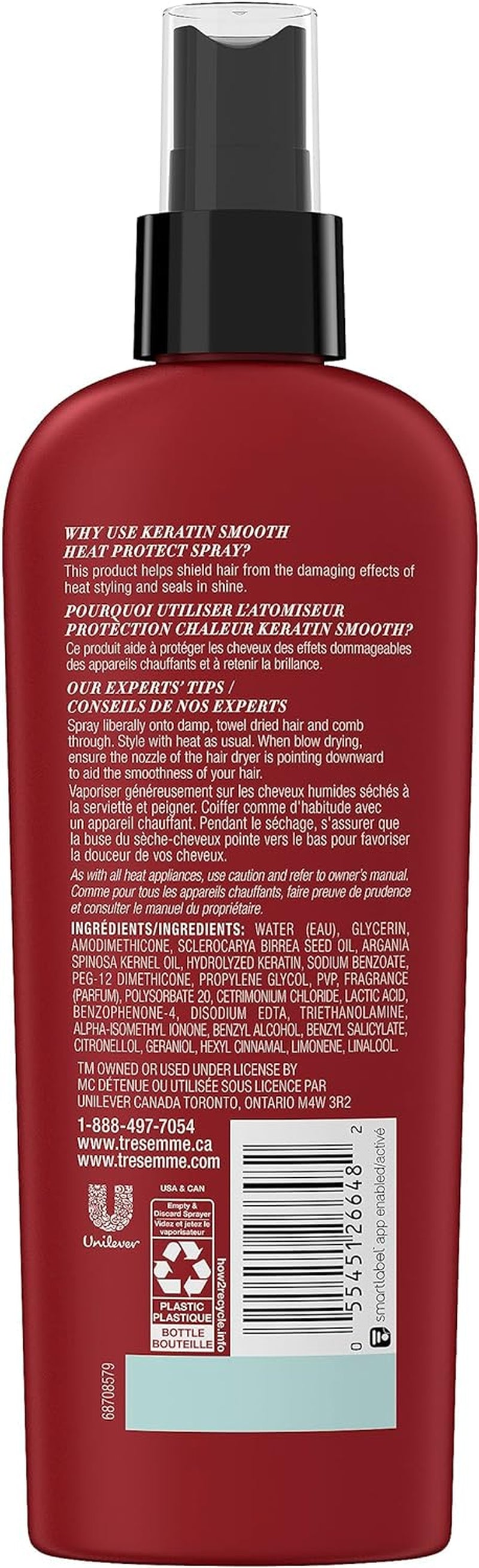 TreSemme Keratin Smooth Heat Protect Spray for Silky, Smooth Hair Marula Oil Anti-Frizz and Detangling Heat Protection Spray 236 Ml