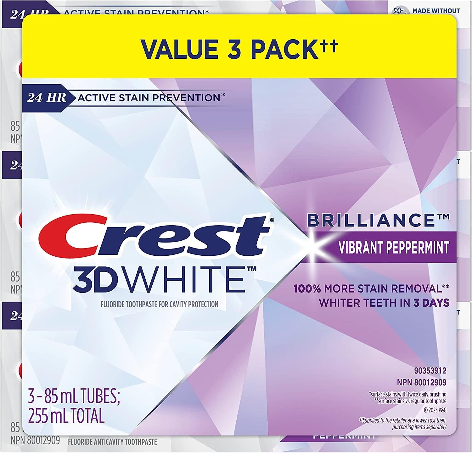 Crest 3D White Brilliance Toothpaste, Vibrant Peppermint (A pack of three 85 ml).