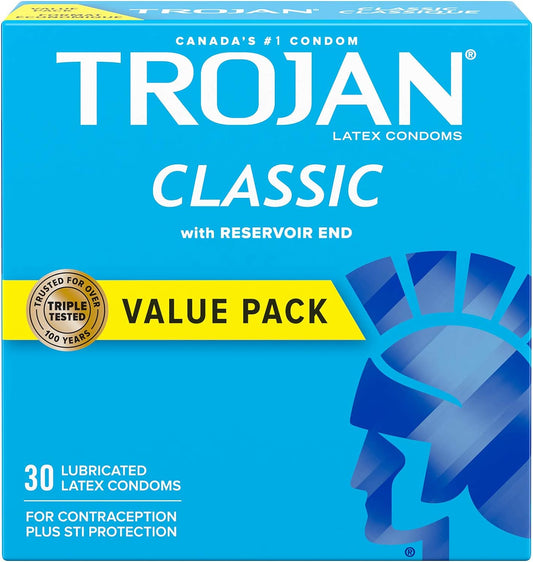 Trojan Classic Lubricated Latex Condoms, Smooth Design with Reservoir End, 30 Count