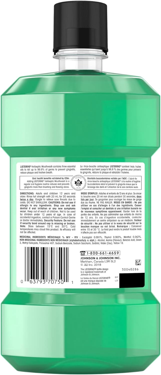 Listerine Fresh Burst Antiseptic Mouthwash, Essential Oils Menthol, Thymol, Eucalpytol, Plaque, Bad Breath, Gingivitis, 1L