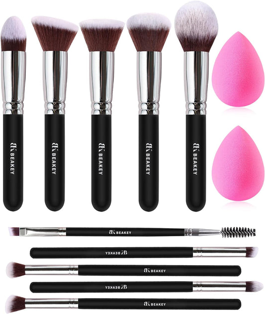 12Pcs Makeup Brush Set Premium Synthetic Foundation Face Powder Blush Eyeshadow Kabuki Brush Kit, Professional Makeup Brushes with 2Pcs Makeup Sponge (Black/Silver)