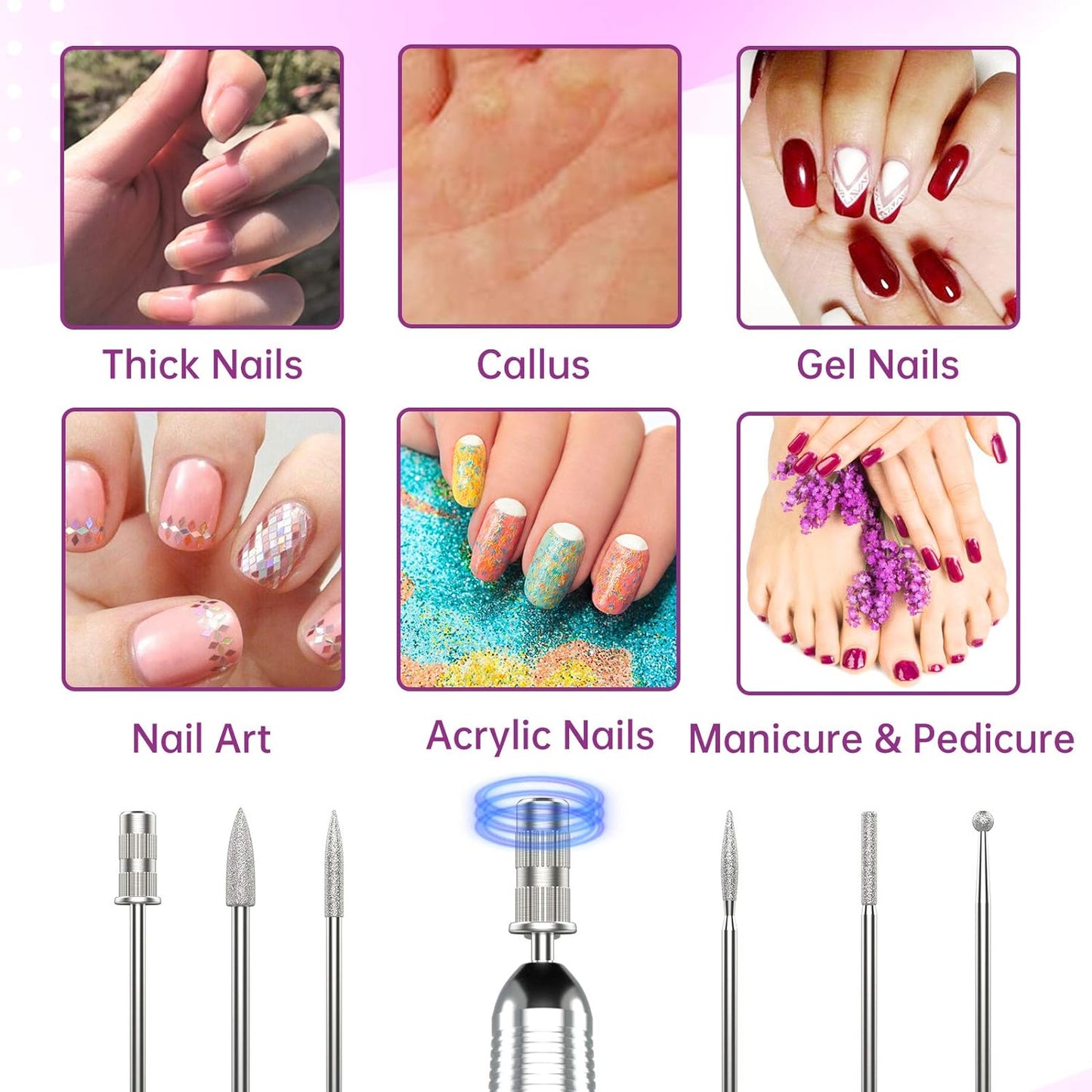 Delanie Professional Nail Drill for Acrylic Nails, High Torque 35,000 RPM Rechargeable Electric Nail File for Acrylic Nails, 2,000Mah, LCD Display, High Speed, Low Heat, Low Vibration Purple