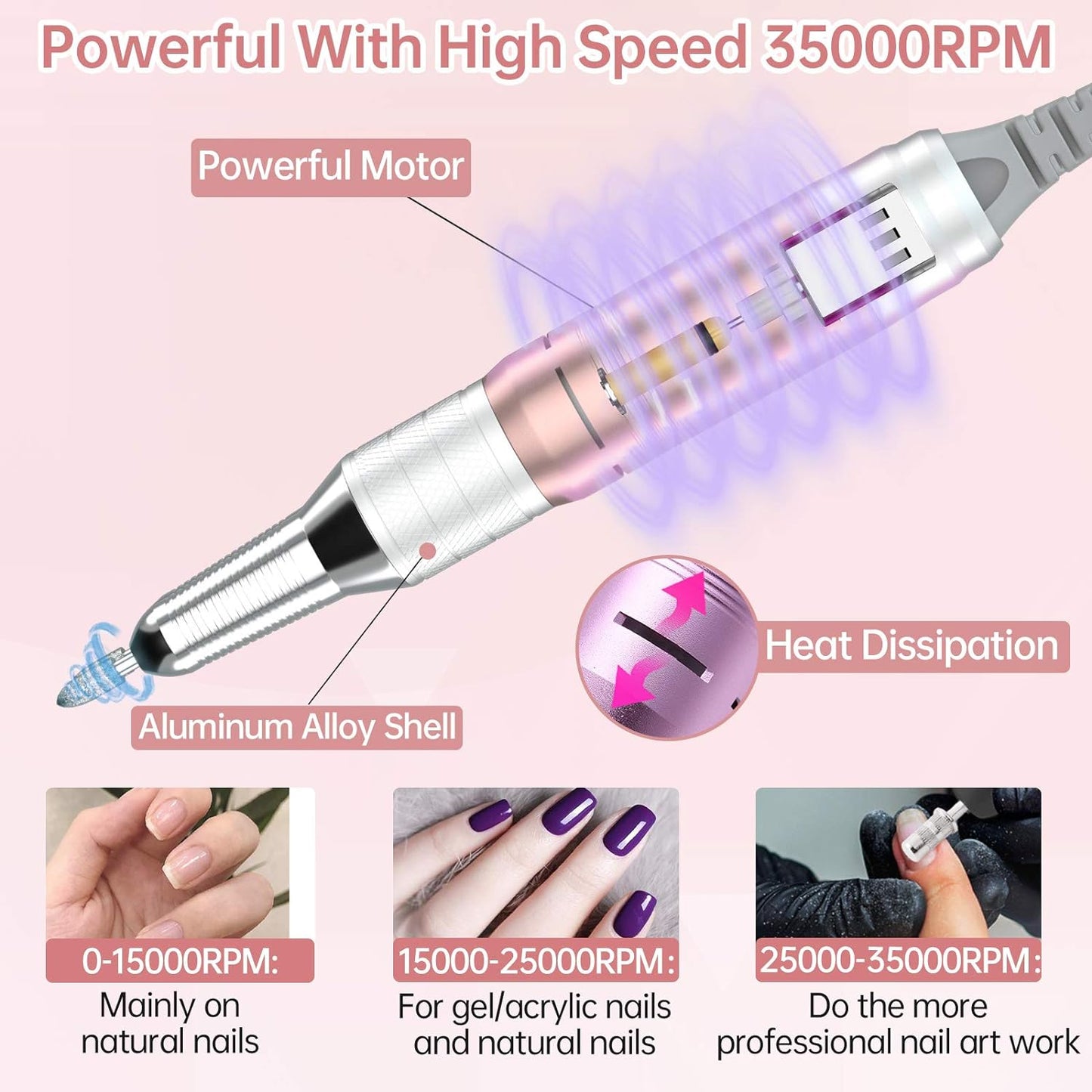 Delanie Professional Nail Drill for Acrylic Nails, High Torque 35,000 RPM Rechargeable Electric Nail File for Acrylic Nails, 2,000Mah, LCD Display, High Speed, Low Heat, Low Vibration Rose Gold