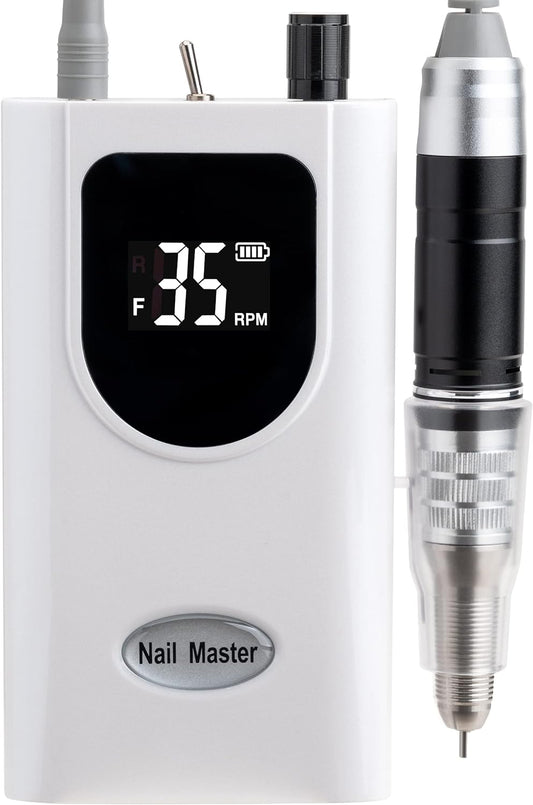 Delanie Professional Nail Drill for Acrylic Nails, High Torque 35,000 RPM Rechargeable Electric Nail File for Acrylic Nails, 2,000Mah Battery, LCD Display, High Speed, Low Heat, Low Vibration White