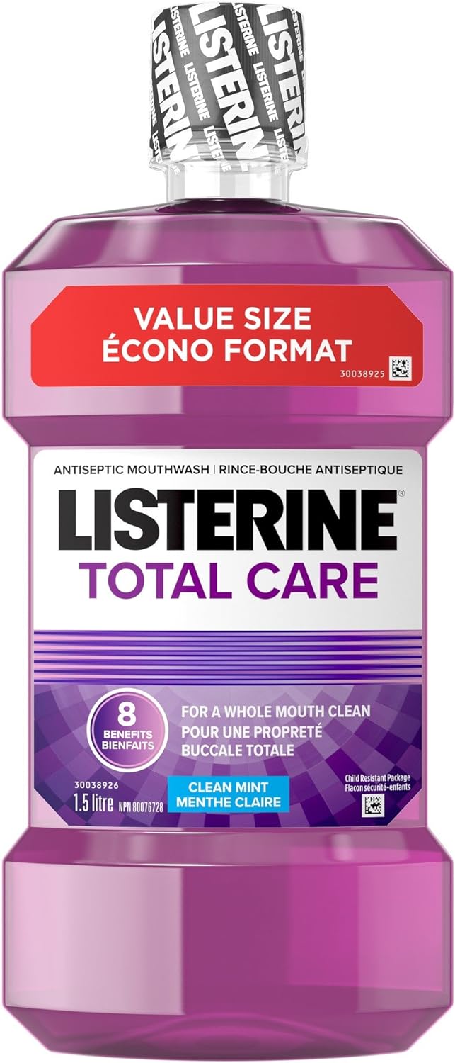 Listerine Total Care Antiseptic Mouthwash for Gingivitis and Teeth Plaque - Contains Thymol, Menthol, and Eucalyptol as Essential Oils - 1.5L, Purple