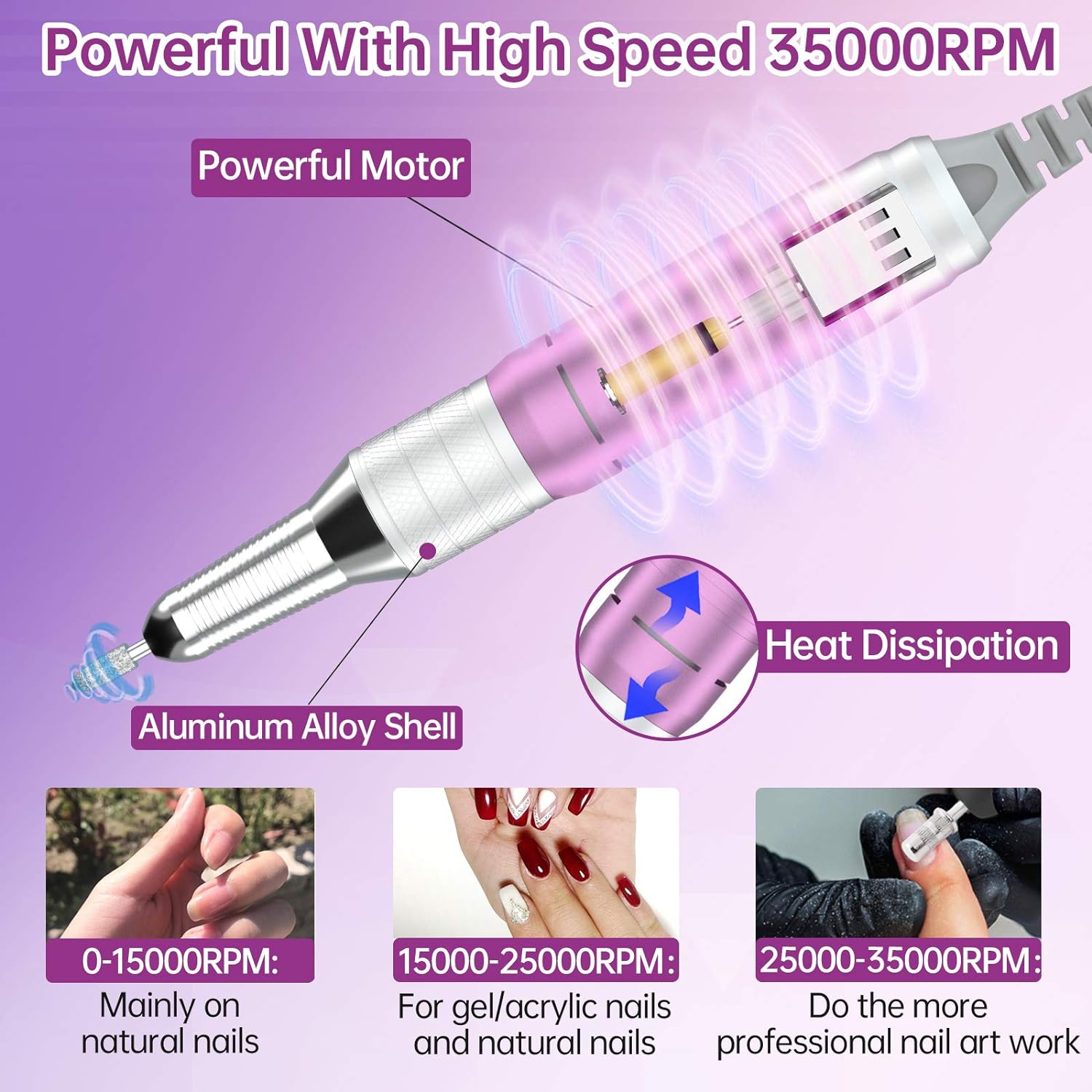 Delanie Professional Nail Drill for Acrylic Nails, High Torque 35,000 RPM Rechargeable Electric Nail File for Acrylic Nails, 2,000Mah, LCD Display, High Speed, Low Heat, Low Vibration Purple