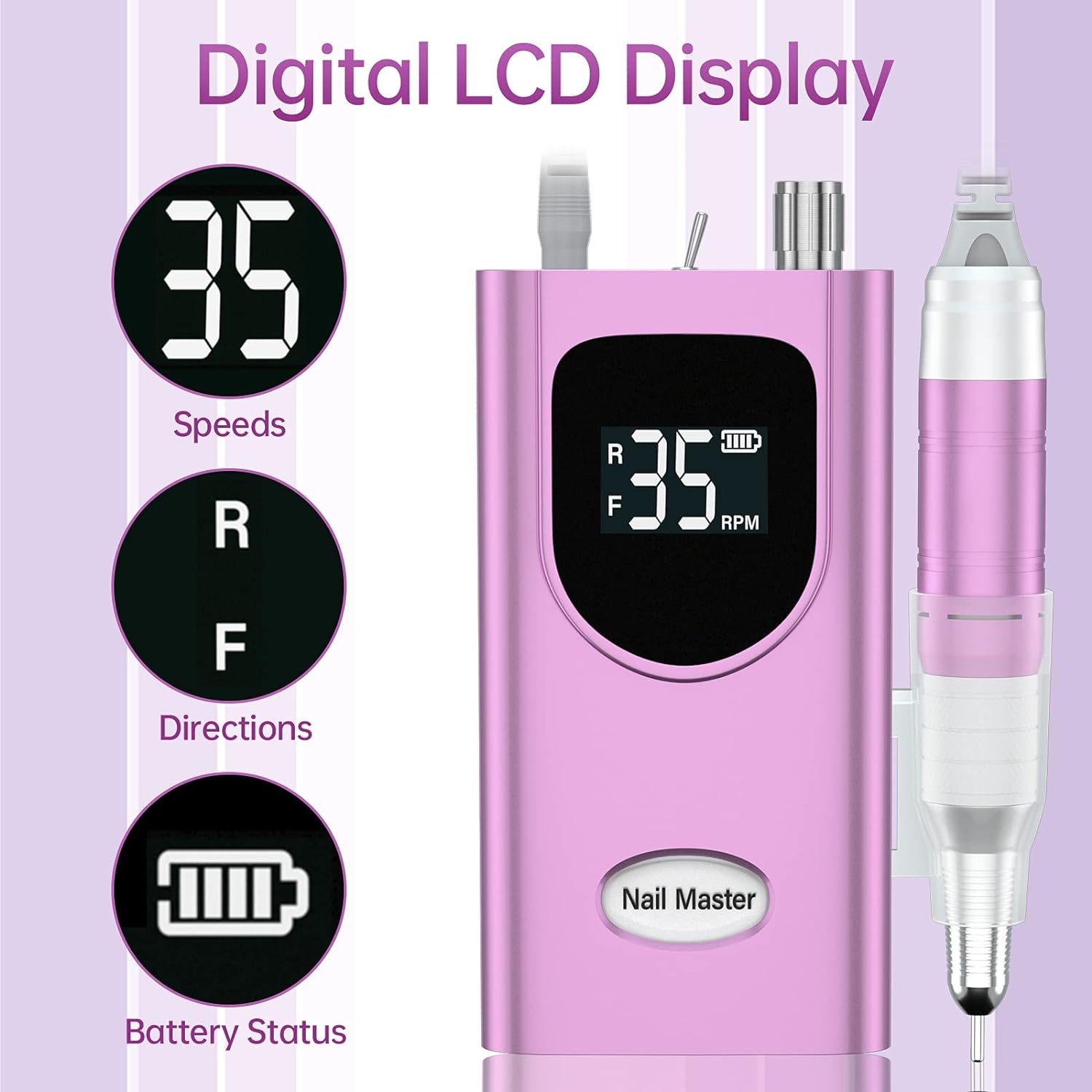 Delanie Professional Nail Drill for Acrylic Nails, High Torque 35,000 RPM Rechargeable Electric Nail File for Acrylic Nails, 2,000Mah, LCD Display, High Speed, Low Heat, Low Vibration Purple