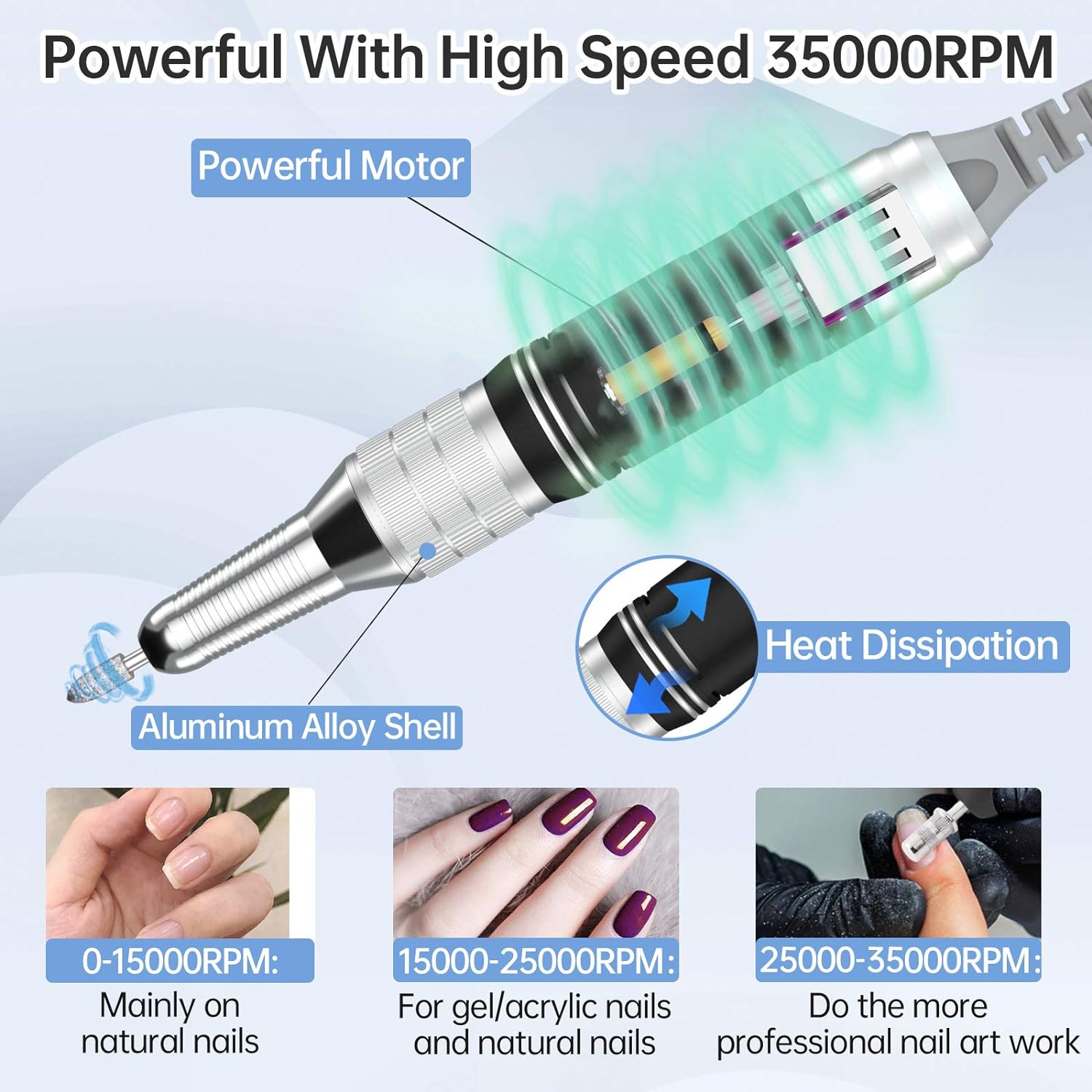 Delanie Professional Nail Drill for Acrylic Nails, High Torque 35,000 RPM Rechargeable Electric Nail File for Acrylic Nails, 2,000Mah Battery, LCD Display, High Speed, Low Heat, Low Vibration White