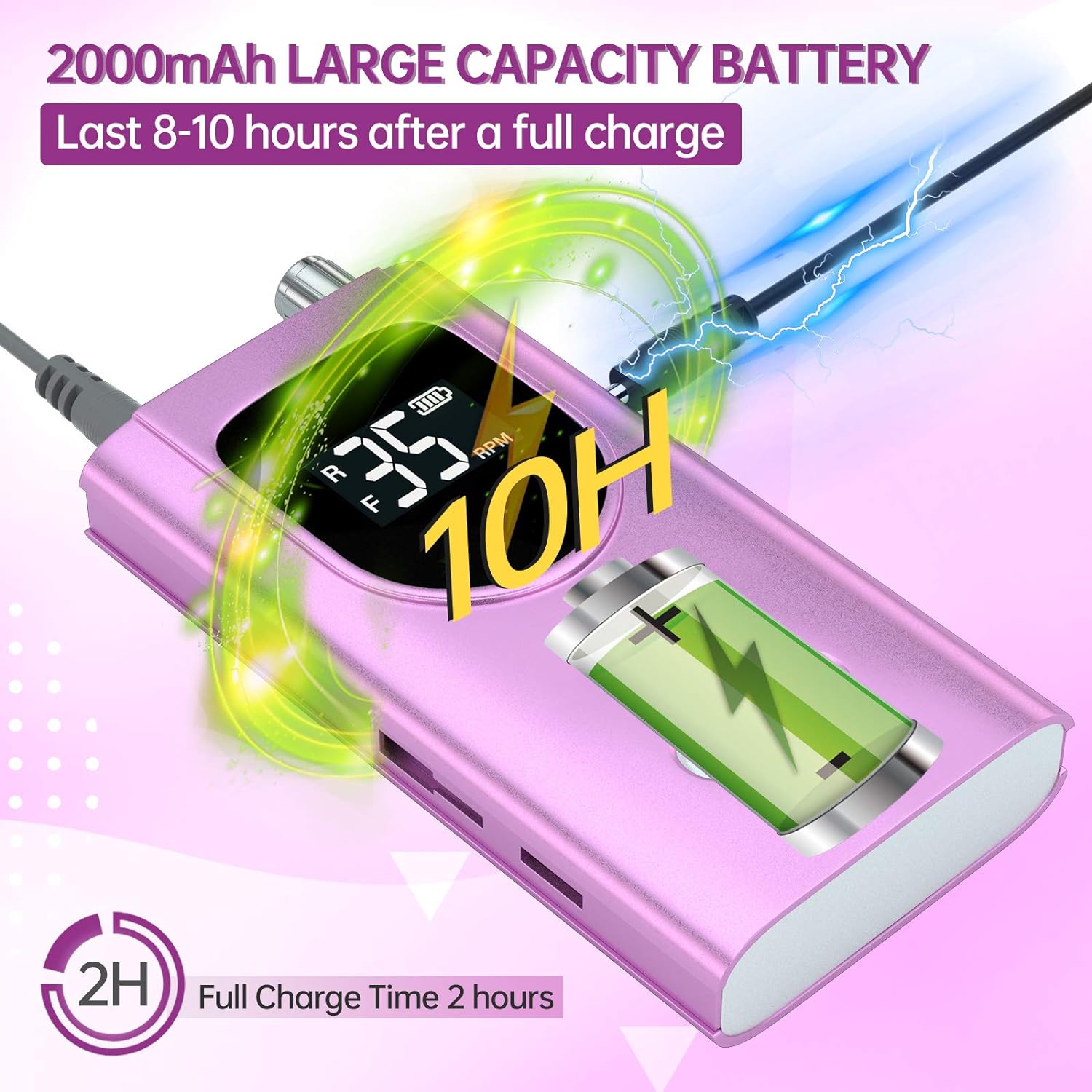 Delanie Professional Nail Drill for Acrylic Nails, High Torque 35,000 RPM Rechargeable Electric Nail File for Acrylic Nails, 2,000Mah, LCD Display, High Speed, Low Heat, Low Vibration Purple