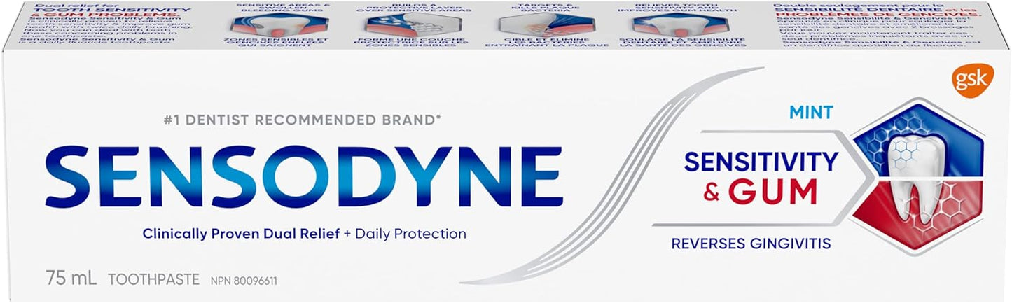 Sensodyne Sensitivity and Gum Mint Toothpaste, Strengthens and Protects Sensitive Teeth and Gums (75 ml).