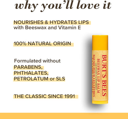 Moisturizing Lip Balm for Dry Chapped Lips, Holiday Gift, Stocking Stuffer, 100% Natural Origin, Original Beeswax with Vitamin E & Peppermint Oil, 3 Tubes, Value Pack