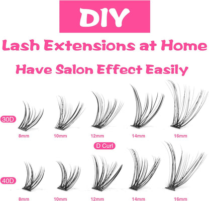 EYDEVRO Lash Extension Kit 240 Pcs Lash Clusters Eyelash Extension Kit, 30D40D Individual Lashes with Lash Bond and Seal and Lash Applicator Tweezers D Curl 8-16Mm Mixed Length Clusters Lashes