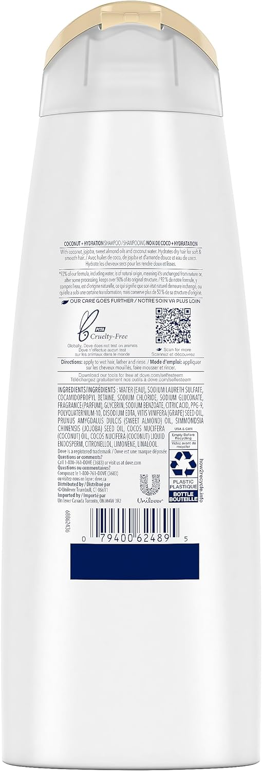 Dove Coconut + Hydration Shampoo Nourishes and Hydrates Dry Hair Made with 92% Natural Origin Ingredients (355 ml).