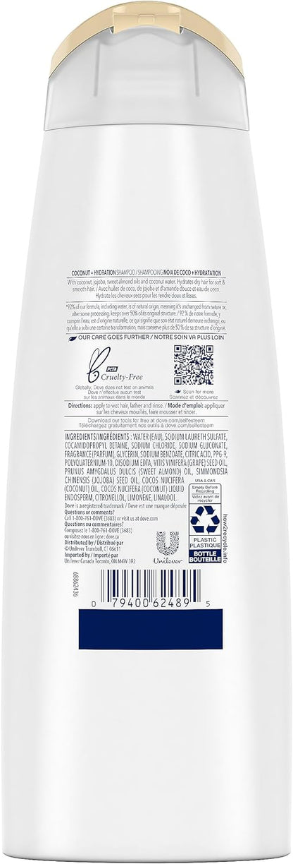 Dove Coconut + Hydration Shampoo Nourishes and Hydrates Dry Hair Made with 92% Natural Origin Ingredients (355 ml).