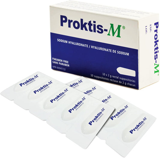 Proktis-M A Rectal Suppository, Formulated with Hyaluronic Acid, Designed to Treat and Heal Hemorrhoids and Fissures of the Anus and Rectum. Each Box Contains 10 Suppositories