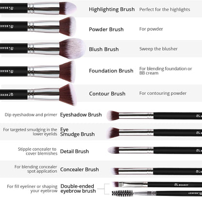 12Pcs Makeup Brush Set Premium Synthetic Foundation Face Powder Blush Eyeshadow Kabuki Brush Kit, Professional Makeup Brushes with 2Pcs Makeup Sponge (Black/Silver)