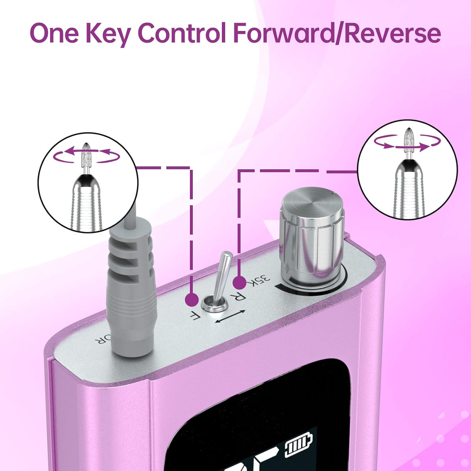 Delanie Professional Nail Drill for Acrylic Nails, High Torque 35,000 RPM Rechargeable Electric Nail File for Acrylic Nails, 2,000Mah, LCD Display, High Speed, Low Heat, Low Vibration Purple