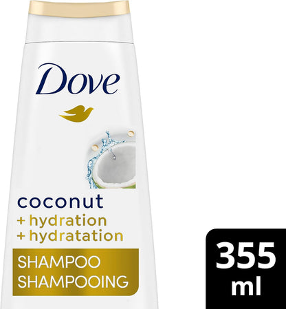 Dove Coconut + Hydration Shampoo Nourishes and Hydrates Dry Hair Made with 92% Natural Origin Ingredients (355 ml).