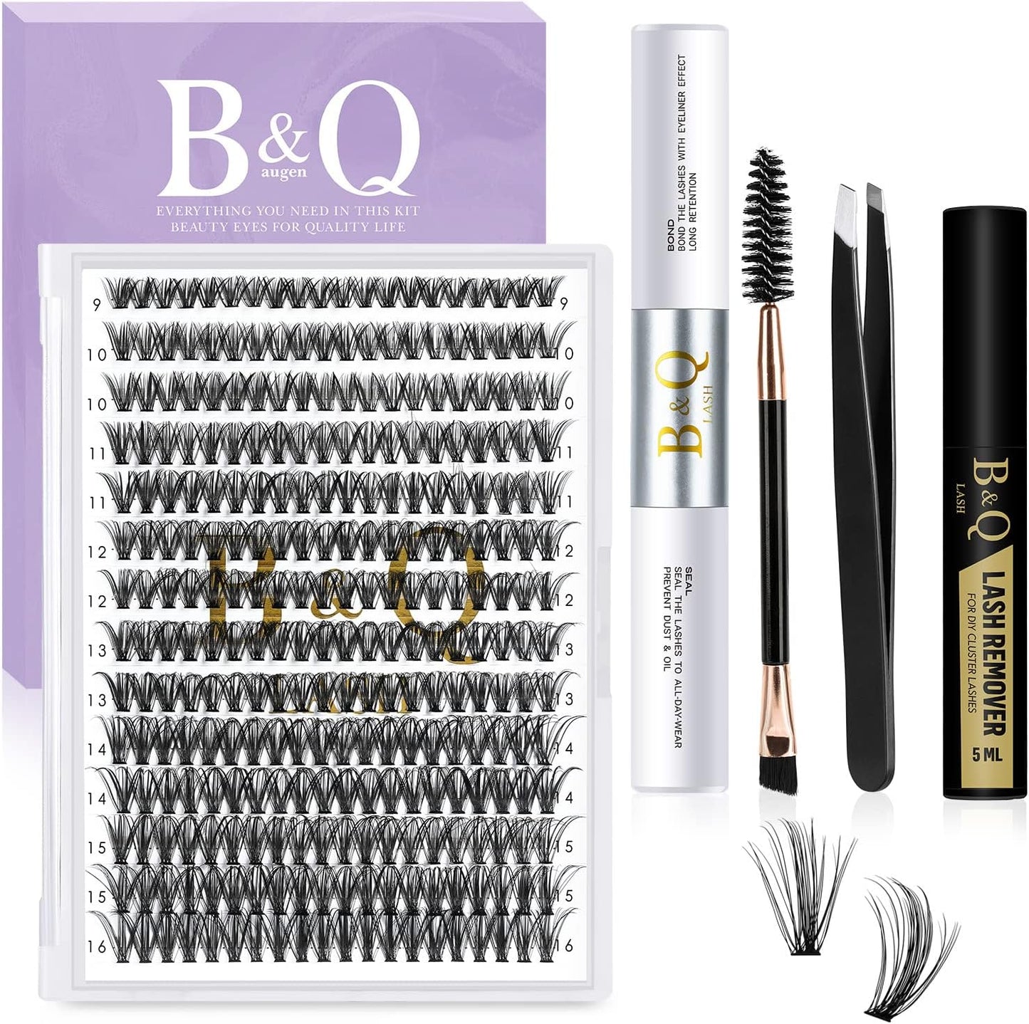 B&Qaugen DIY Lash Extension Kit B&Q 280 PCS Individual Eyelash Extension Kit 0.07D 9-16MIX 30D 40D 50D Cluster Lashes Kit Lash Glue Remover and Applicators for Eyelash Extensions Beginners(Kit-40D-0.07D,9-16Mix)