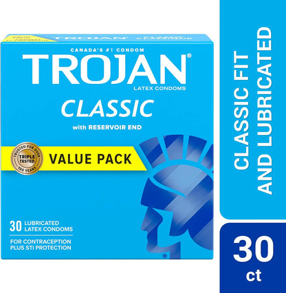 Trojan Classic Lubricated Latex Condoms, Smooth Design with Reservoir End, 30 Count