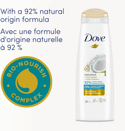 Dove Coconut + Hydration Shampoo Nourishes and Hydrates Dry Hair Made with 92% Natural Origin Ingredients (355 ml).