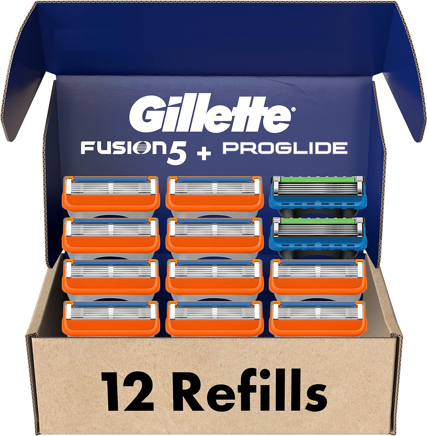 Gillette Men's Razor Blade Refills, 10 Fusion 5 Cartridges, 2 Proglide Cartridges, Blue,Orange,Green, 1 Count (Pack of 12)