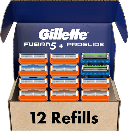 Gillette Men's Razor Blade Refills, 10 Fusion 5 Cartridges, 2 Proglide Cartridges, Blue,Orange,Green, 1 Count (Pack of 12)
