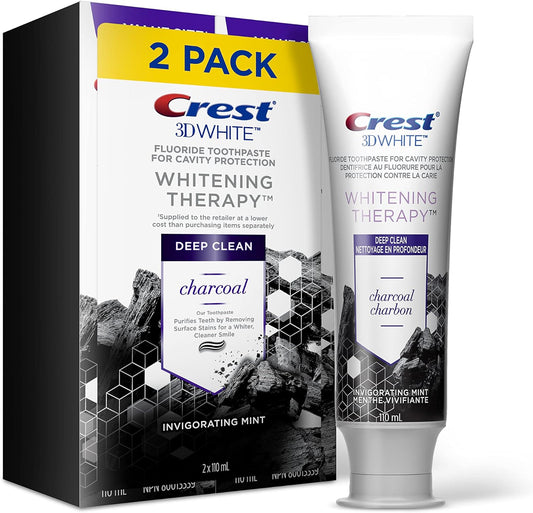 Crest 3D White Fluoride Toothpaste, Whitening Therapy Charcoal Deep Clean, Invigorating Mint (A pack of two 110 ml).