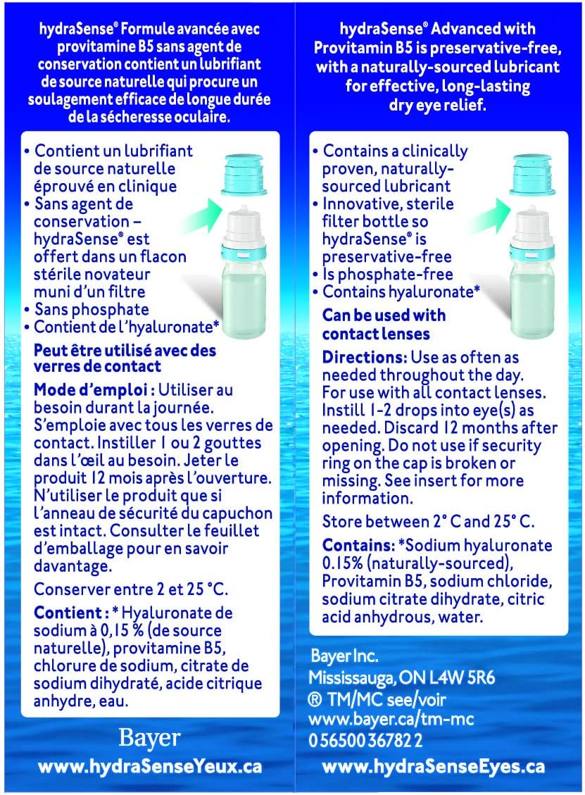 HydraSense Advanced Eye Drops, for Dry Eyes, Preservative Free, Naturally Sourced Lubricant, with Provitamin B5, Home and Away Twin Pack (2 X 10 Ml), 20 Ml