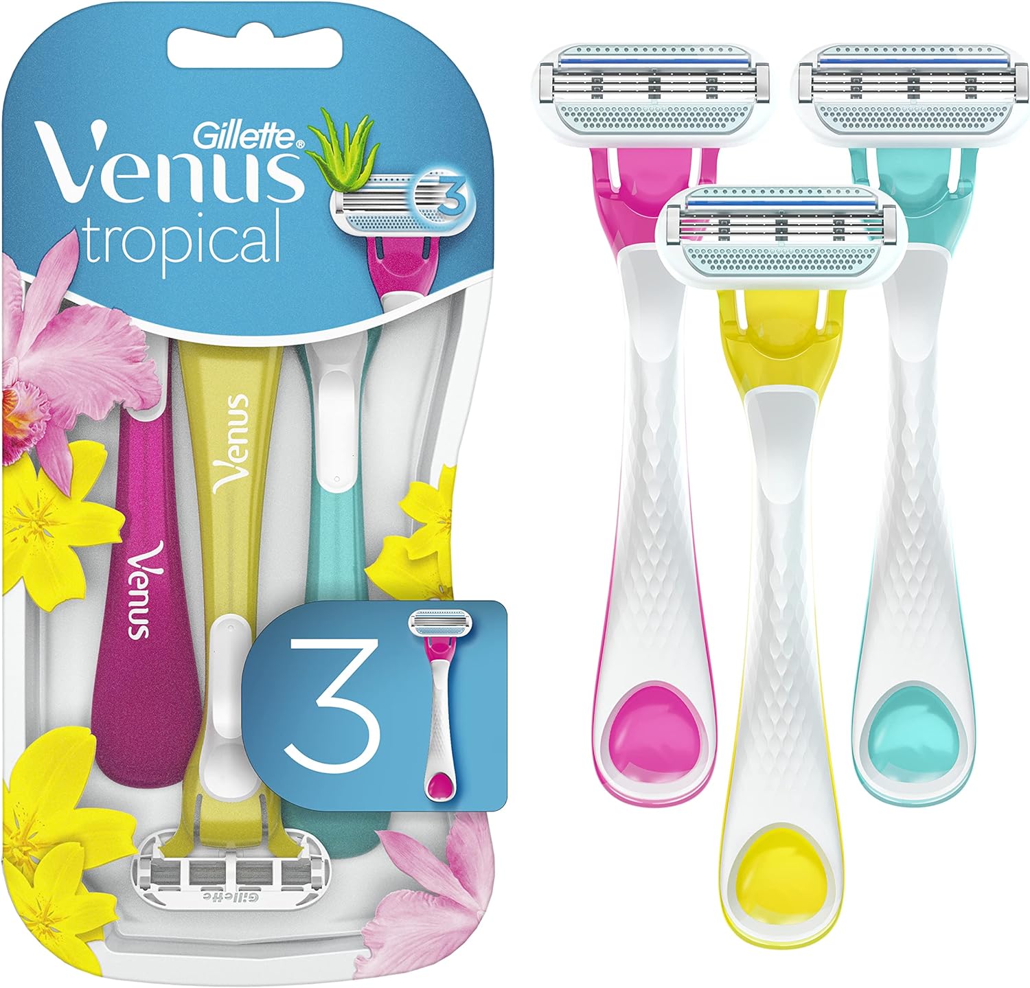 Gillette Venus Tropical Disposable Razors for Women, 3 Count, Designed for a Smooth Shave, Tropical Fragrance Scented Handles