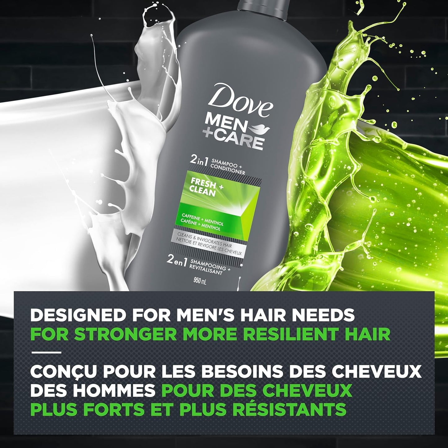 Dove Fresh & Clean 2-In-1 Shampoo + Conditioner with Caffeine and Menthol Cleans & Invigorates Hair (950 ml).