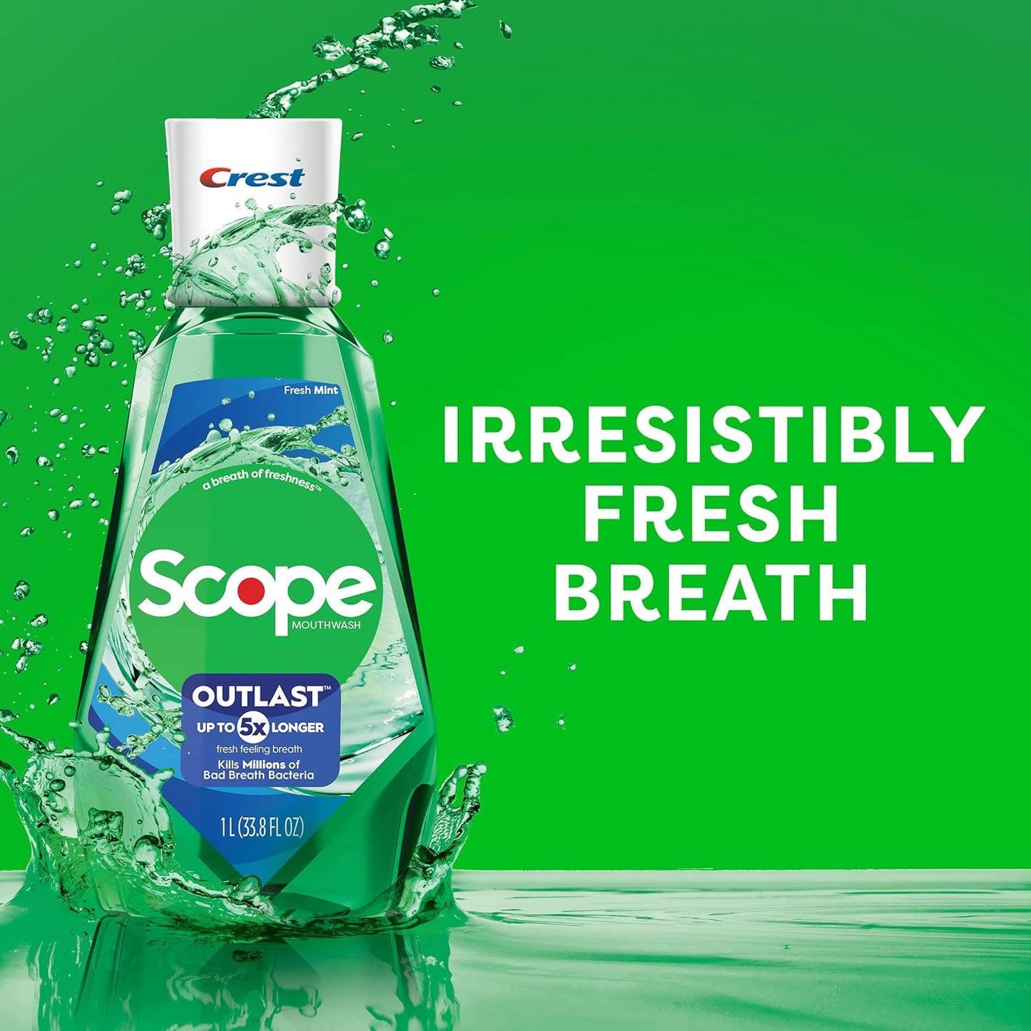 Crest Scope Outlast Mouthwash for Long-Lasting Fresh Breath, Fresh Mint (1L).