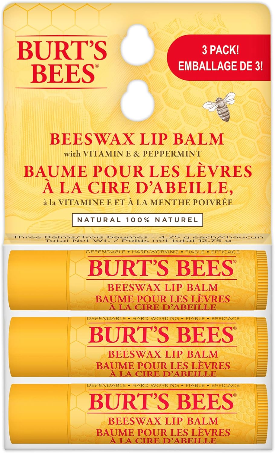 Moisturizing Lip Balm for Dry Chapped Lips, Holiday Gift, Stocking Stuffer, 100% Natural Origin, Original Beeswax with Vitamin E & Peppermint Oil, 3 Tubes, Value Pack