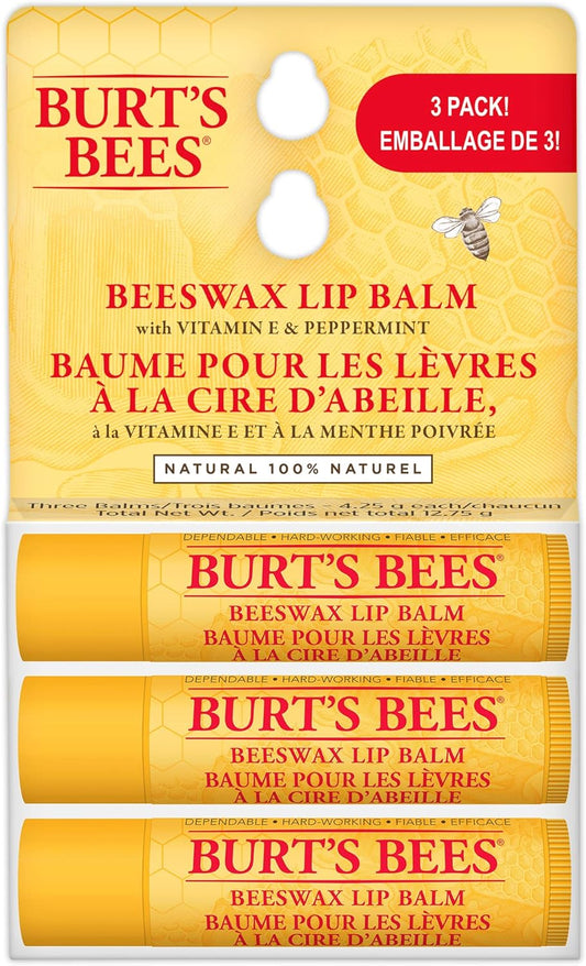 Moisturizing Lip Balm for Dry Chapped Lips, Holiday Gift, Stocking Stuffer, 100% Natural Origin, Original Beeswax with Vitamin E & Peppermint Oil, 3 Tubes, Value Pack