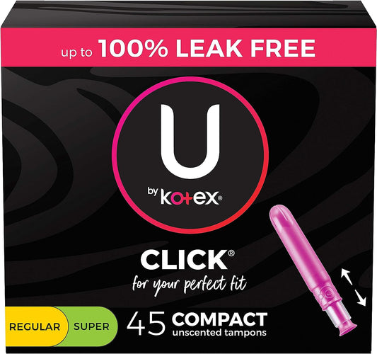 U by Kotex Click Compact Tampons, Duo Pack, Regular + Super Absorbency, Unscented, 45 Count
