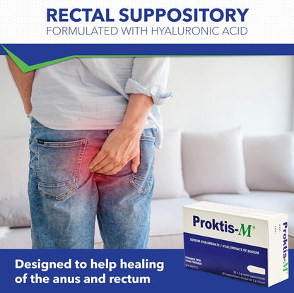 Proktis-M A Rectal Suppository, Formulated with Hyaluronic Acid, Designed to Treat and Heal Hemorrhoids and Fissures of the Anus and Rectum. Each Box Contains 10 Suppositories