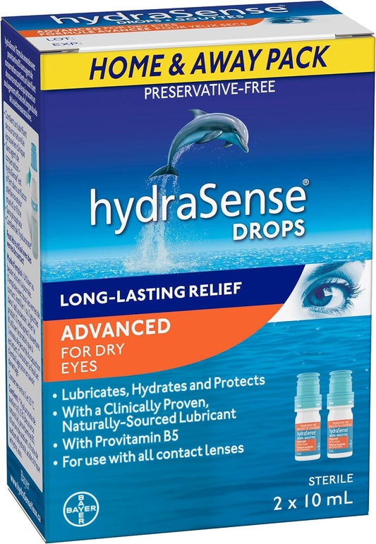 HydraSense Advanced Eye Drops, for Dry Eyes, Preservative Free, Naturally Sourced Lubricant, with Provitamin B5, Home and Away Twin Pack (2 X 10 Ml), 20 Ml